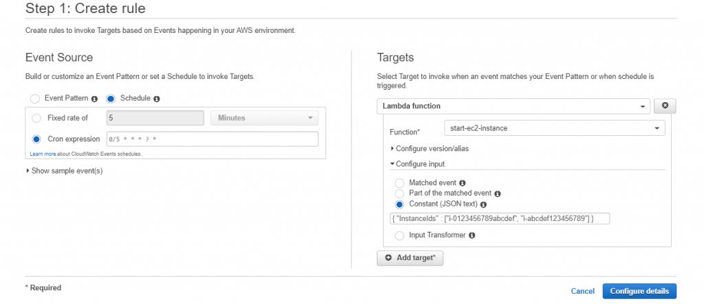 Amazon CloudWatch Events - Create Rule