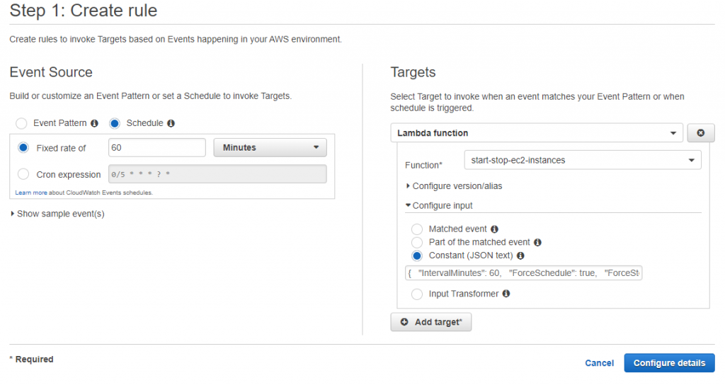 Amazon CloudWatch Events - Create Rule