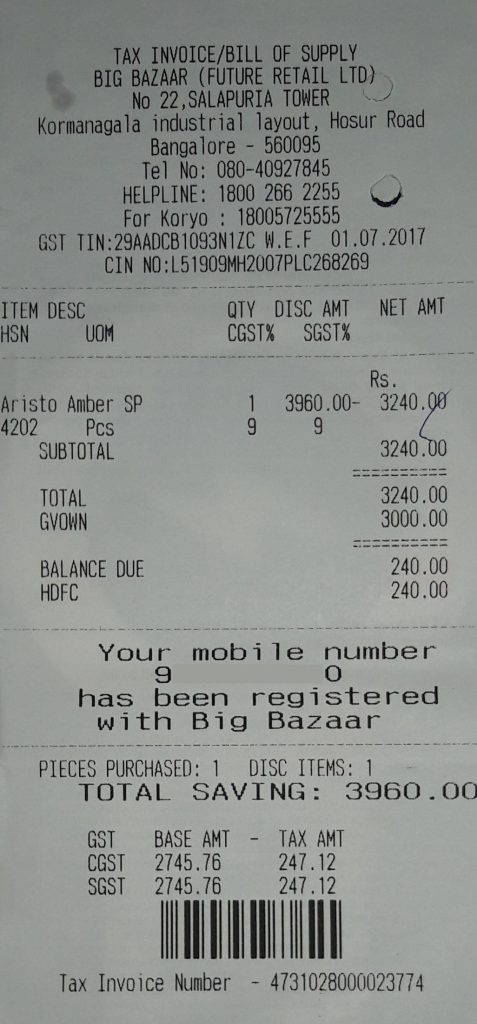 Big Bazaar Invoice