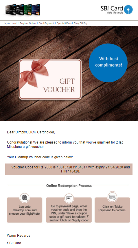 SBI Cleartrip Milestone Voucher (2 Lacs)